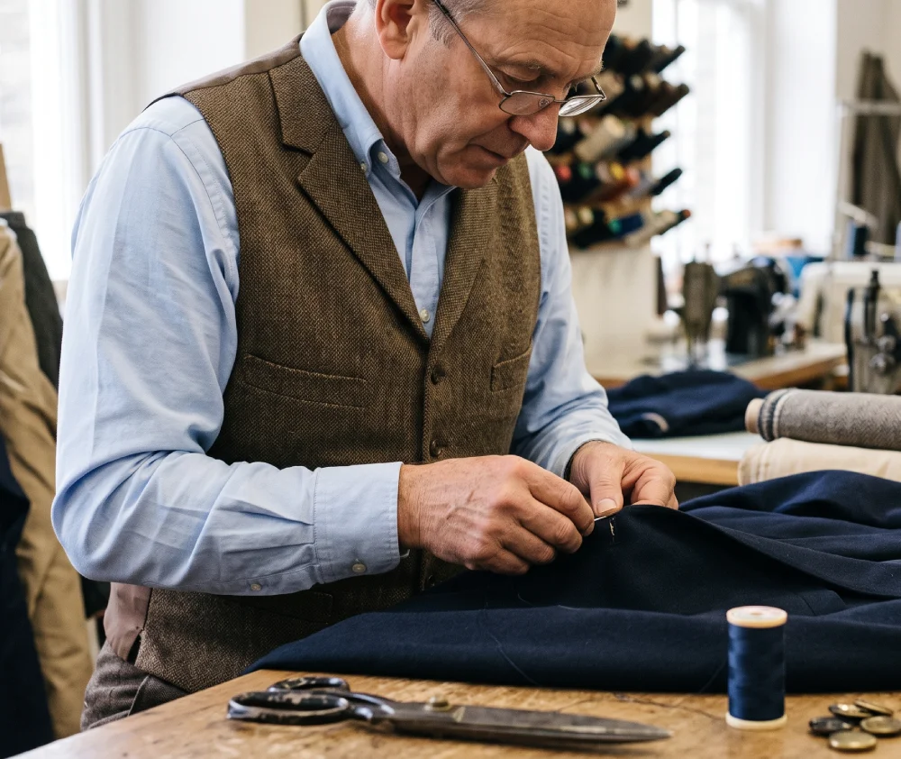 Man in vest sewing fabric